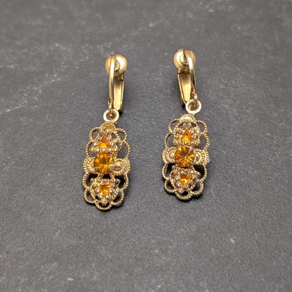 Vintage Clip On Earrings Ornate Filigree Gold Tone with Orange Gems Dangle